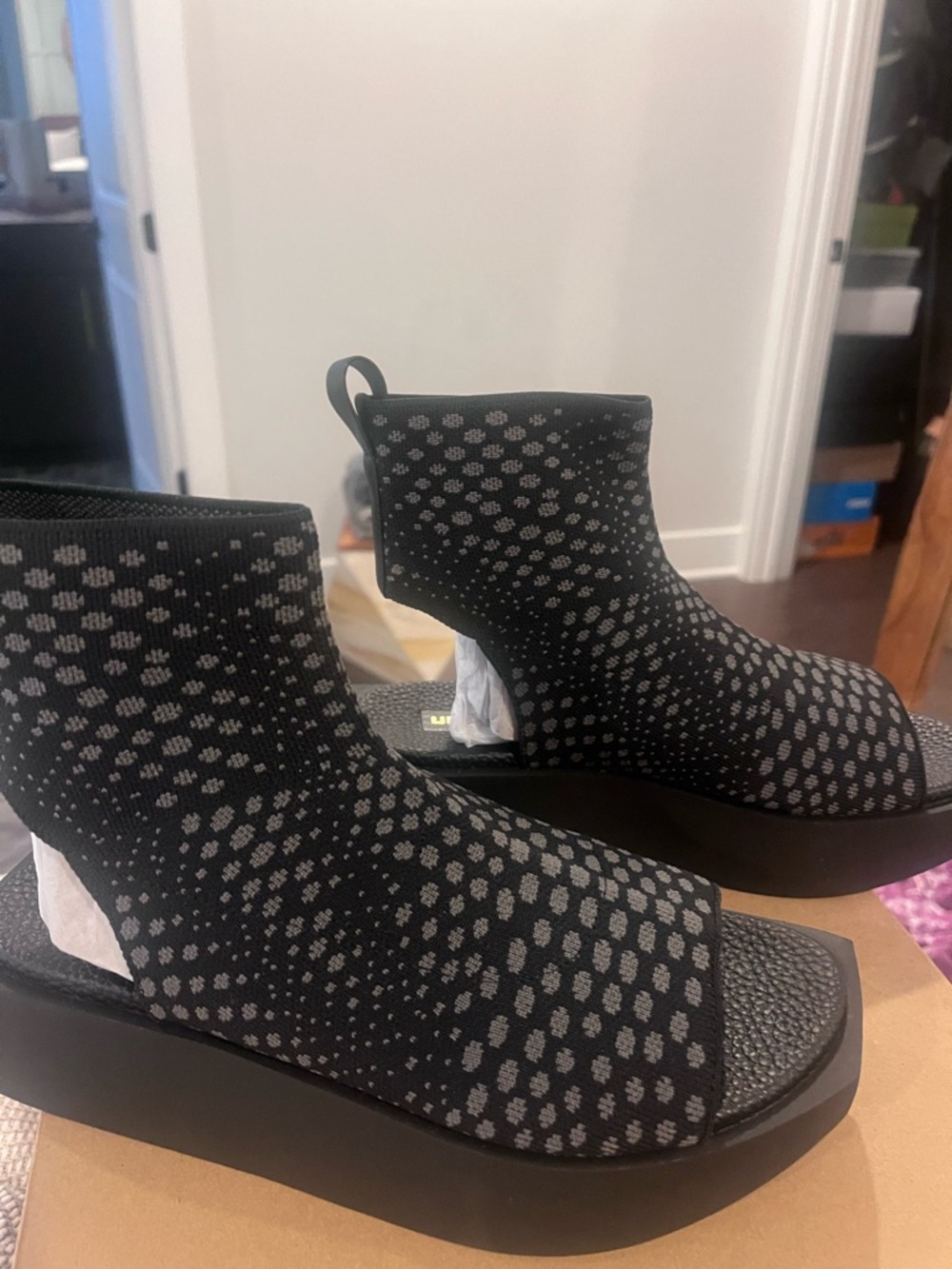 United Nude Black Knit Platform Sandal Booties with Gray Dot Pattern